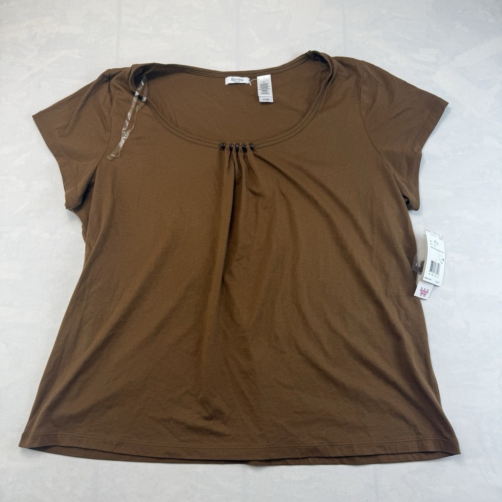 Liz & Co. Woman NWT Brown Scoop Neck Short Sleeve Top 2X Cotton Plus Size